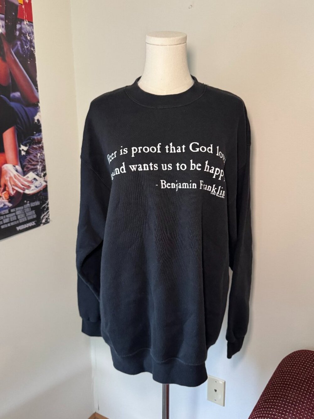 Vintage 1997 Lee Beer Benjamin Franklin Black and White Crewneck Sweatshirt